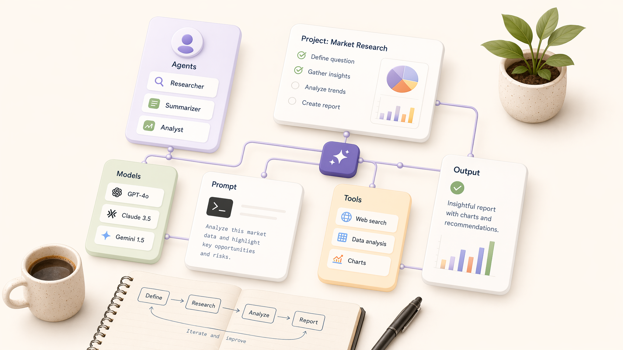 A warm isometric AI workflow with agents, model choices, prompts, tools, outputs, and desk notes